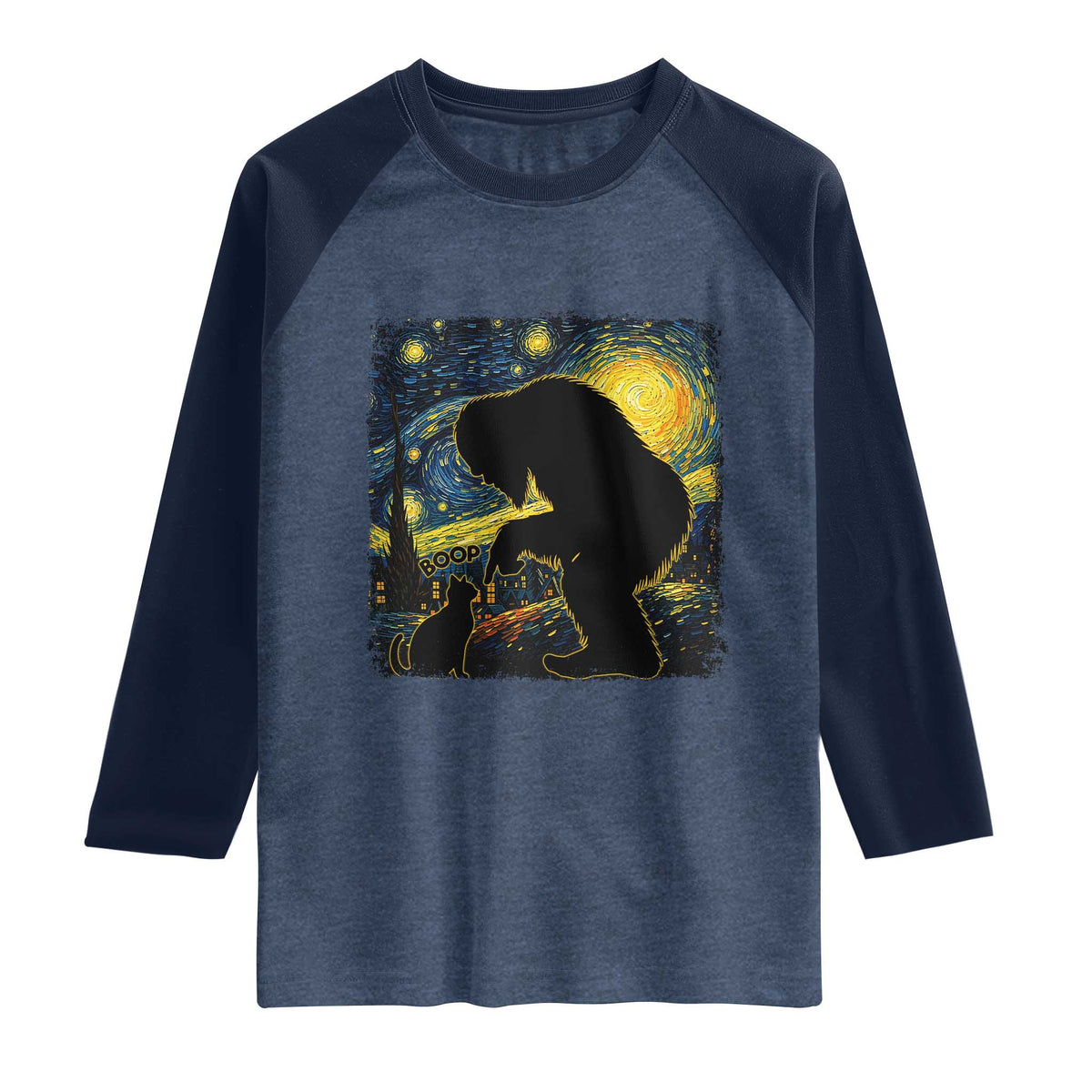 Fun Hand Boop Nose Bigfoot Cat Raglan Shirt Sasquatch Starry Night Van Gogh TS10 Heather Denim Navy Print Your Wear
