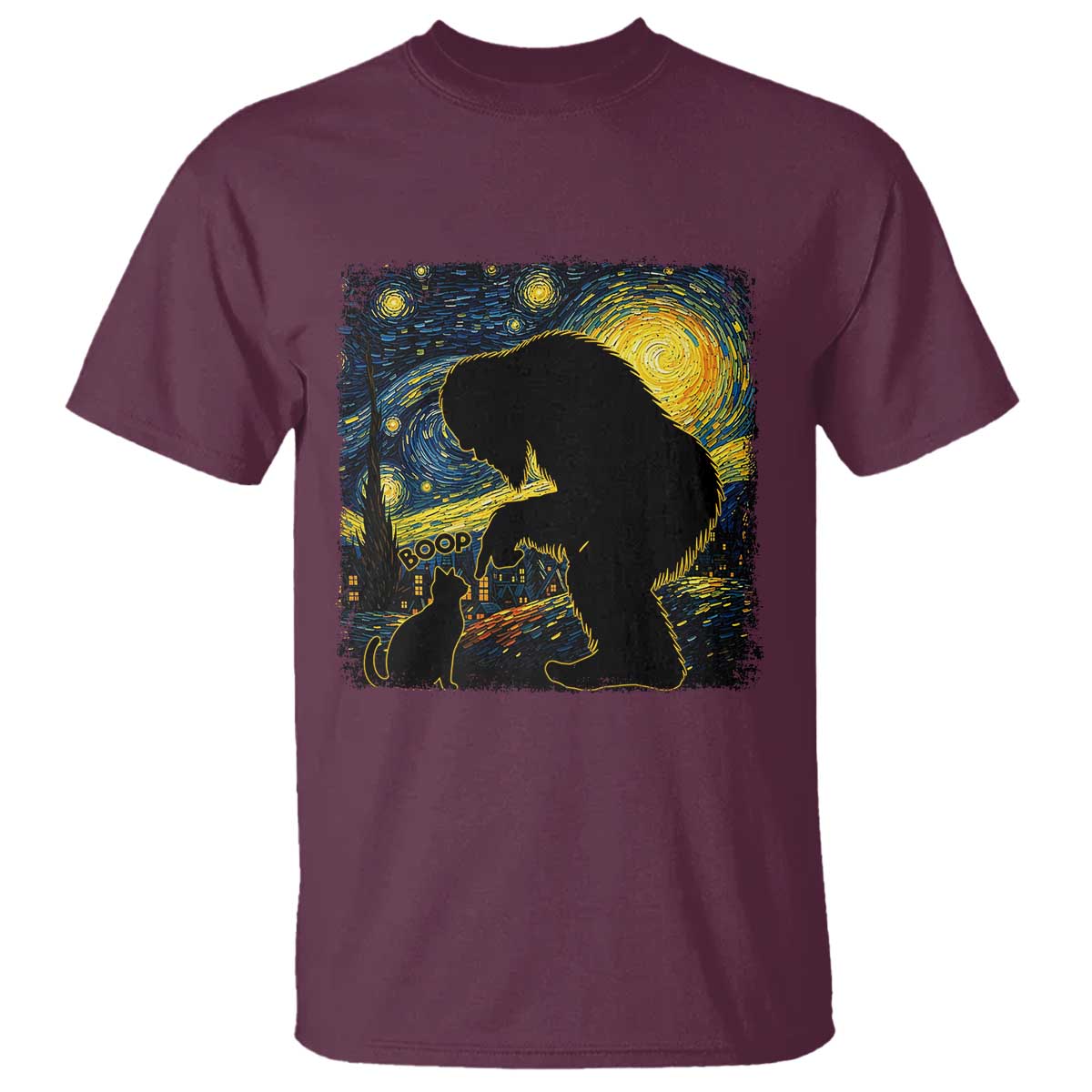Fun Hand Boop Nose Bigfoot Cat T Shirt Sasquatch Starry Night Van Gogh TS10 Maroon Print Your Wear