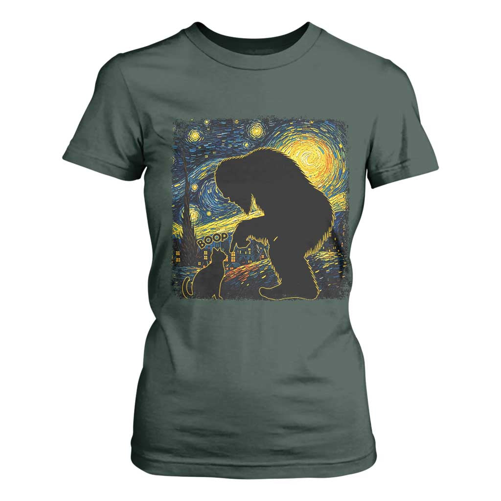 Fun Hand Boop Nose Bigfoot Cat T Shirt For Women Sasquatch Starry Night Van Gogh TS10 Dark Forest Green Print Your Wear