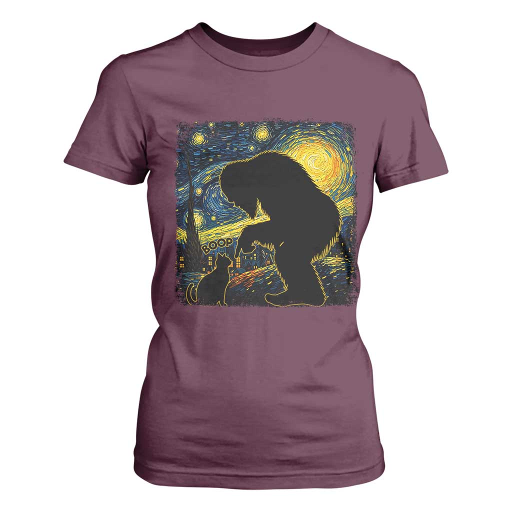 Fun Hand Boop Nose Bigfoot Cat T Shirt For Women Sasquatch Starry Night Van Gogh TS10 Maroon Print Your Wear