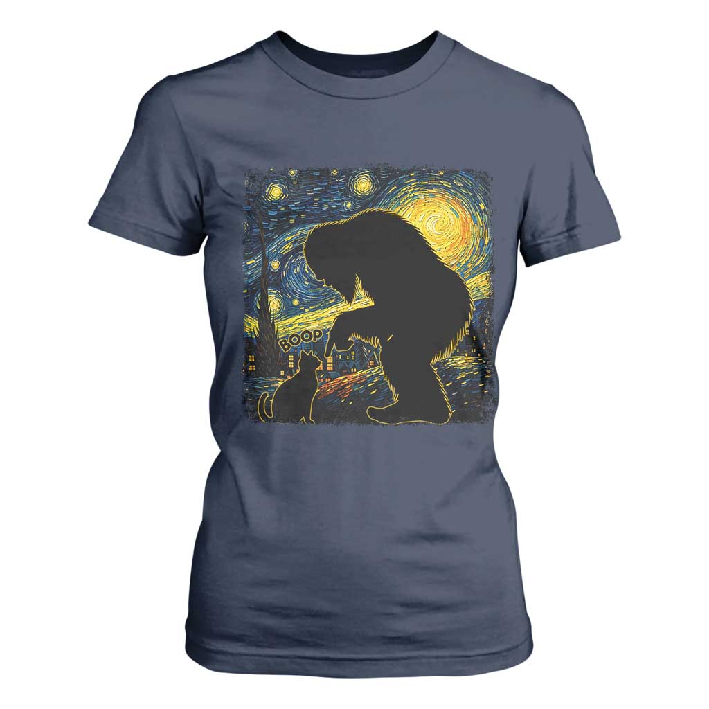 Fun Hand Boop Nose Bigfoot Cat T Shirt For Women Sasquatch Starry Night Van Gogh TS10 Navy Print Your Wear