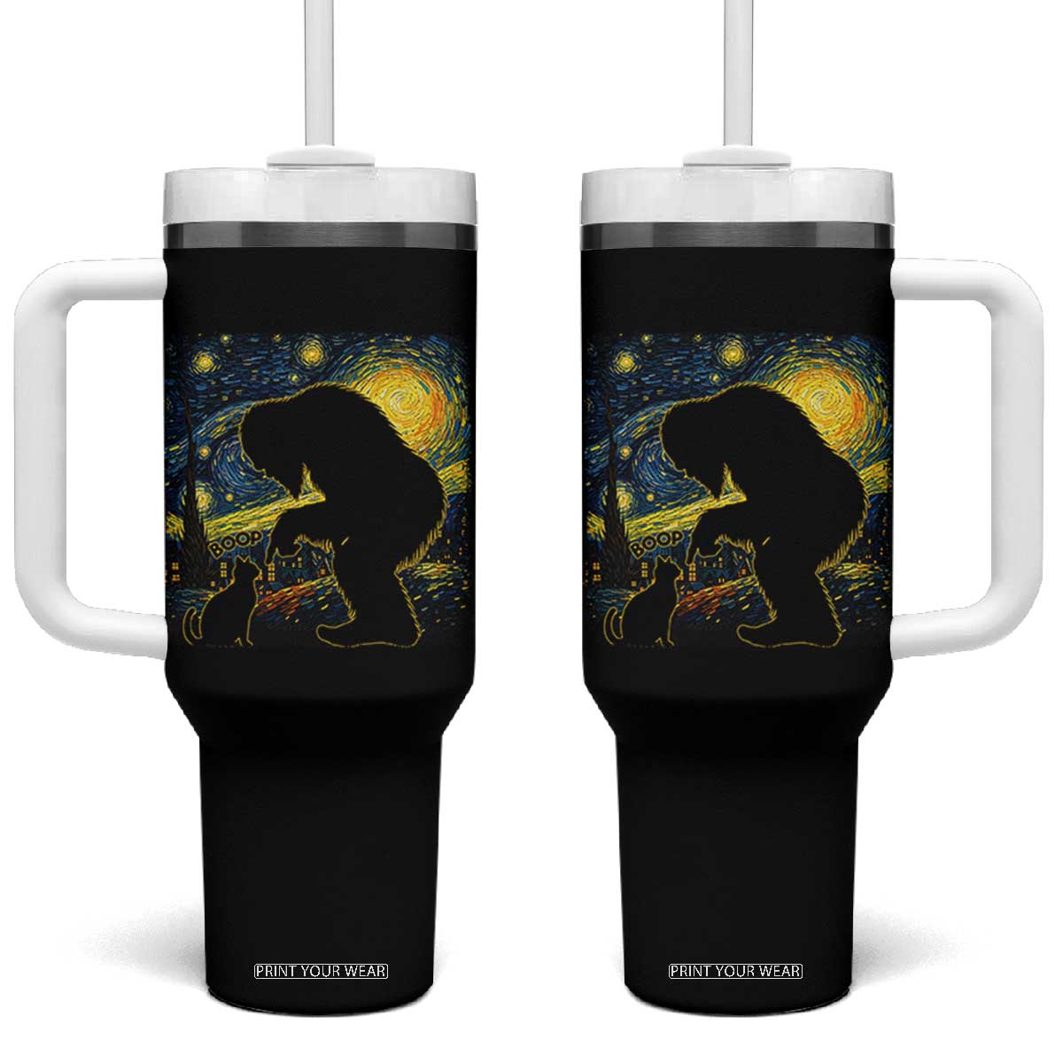 Fun Hand Boop Nose Bigfoot Cat Tumbler With Handle Sasquatch Starry Night Van Gogh TS10 One Size: 40 oz Black Print Your Wear
