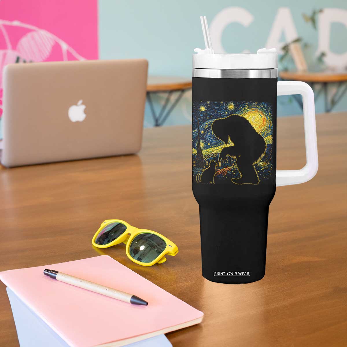 Fun Hand Boop Nose Bigfoot Cat Tumbler With Handle Sasquatch Starry Night Van Gogh TS10 Print Your Wear