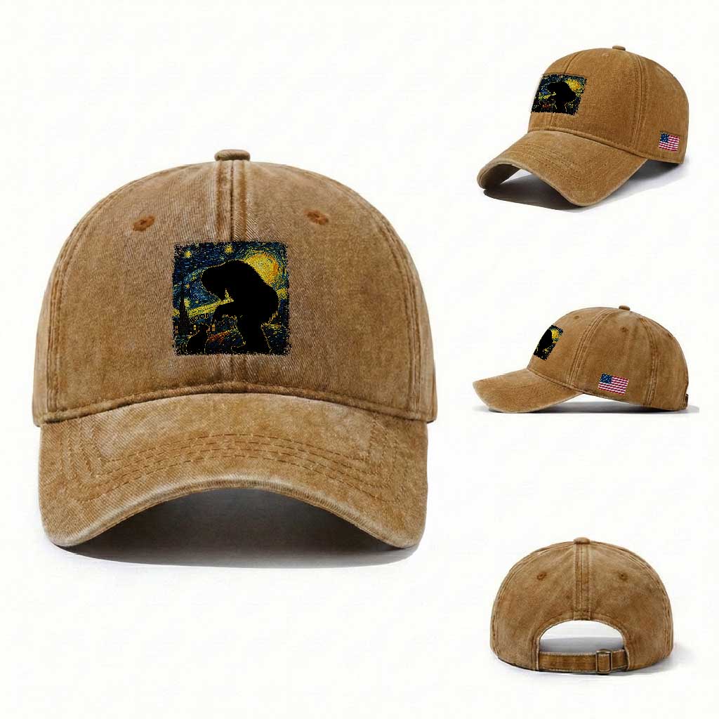 Fun Hand Boop Nose Bigfoot Cat Washed Cotton Baseball Cap Sasquatch Starry Night Van Gogh TS10 Washed Cap Universal Fit Yellow Ochre Print Your Wear