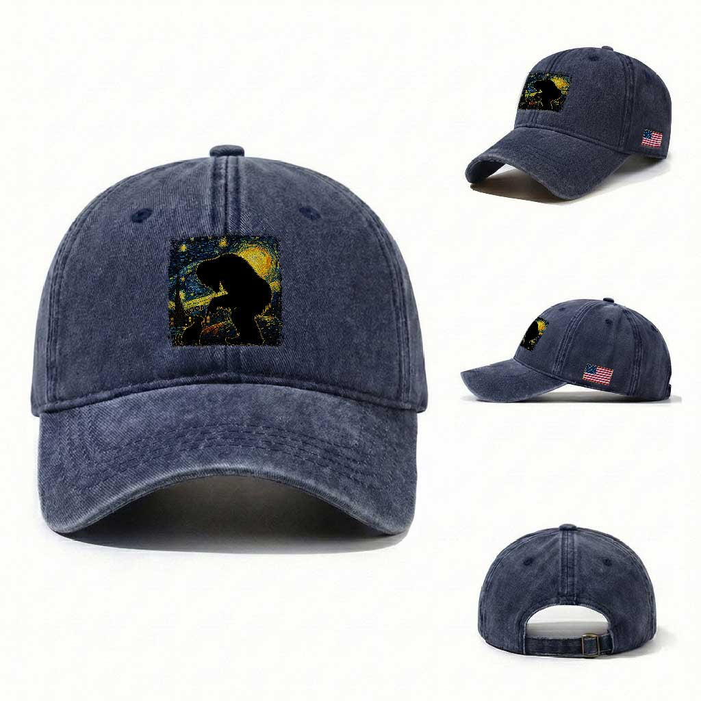 Fun Hand Boop Nose Bigfoot Cat Washed Cotton Baseball Cap Sasquatch Starry Night Van Gogh TS10 Washed Cap Universal Fit Navy Print Your Wear