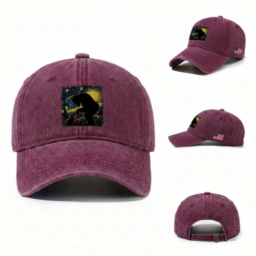 Fun Hand Boop Nose Bigfoot Cat Washed Cotton Baseball Cap Sasquatch Starry Night Van Gogh TS10 Washed Cap Universal Fit Burgundy Print Your Wear