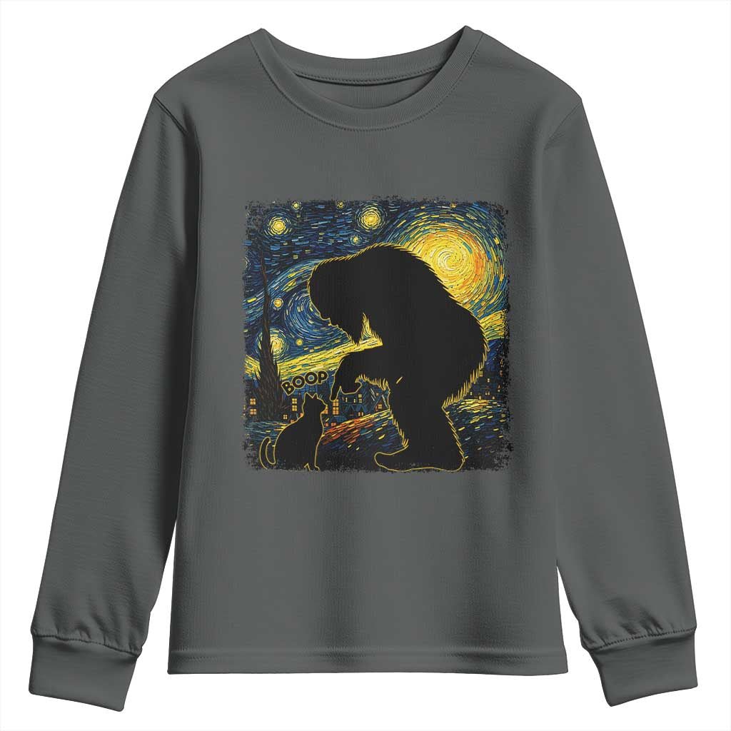 Fun Hand Boop Nose Bigfoot Cat Youth Sweatshirt Sasquatch Starry Night Van Gogh TS10 Dark Heather Print Your Wear