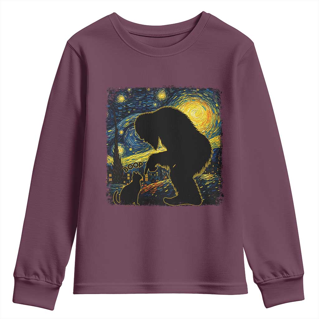 Fun Hand Boop Nose Bigfoot Cat Youth Sweatshirt Sasquatch Starry Night Van Gogh TS10 Maroon Print Your Wear