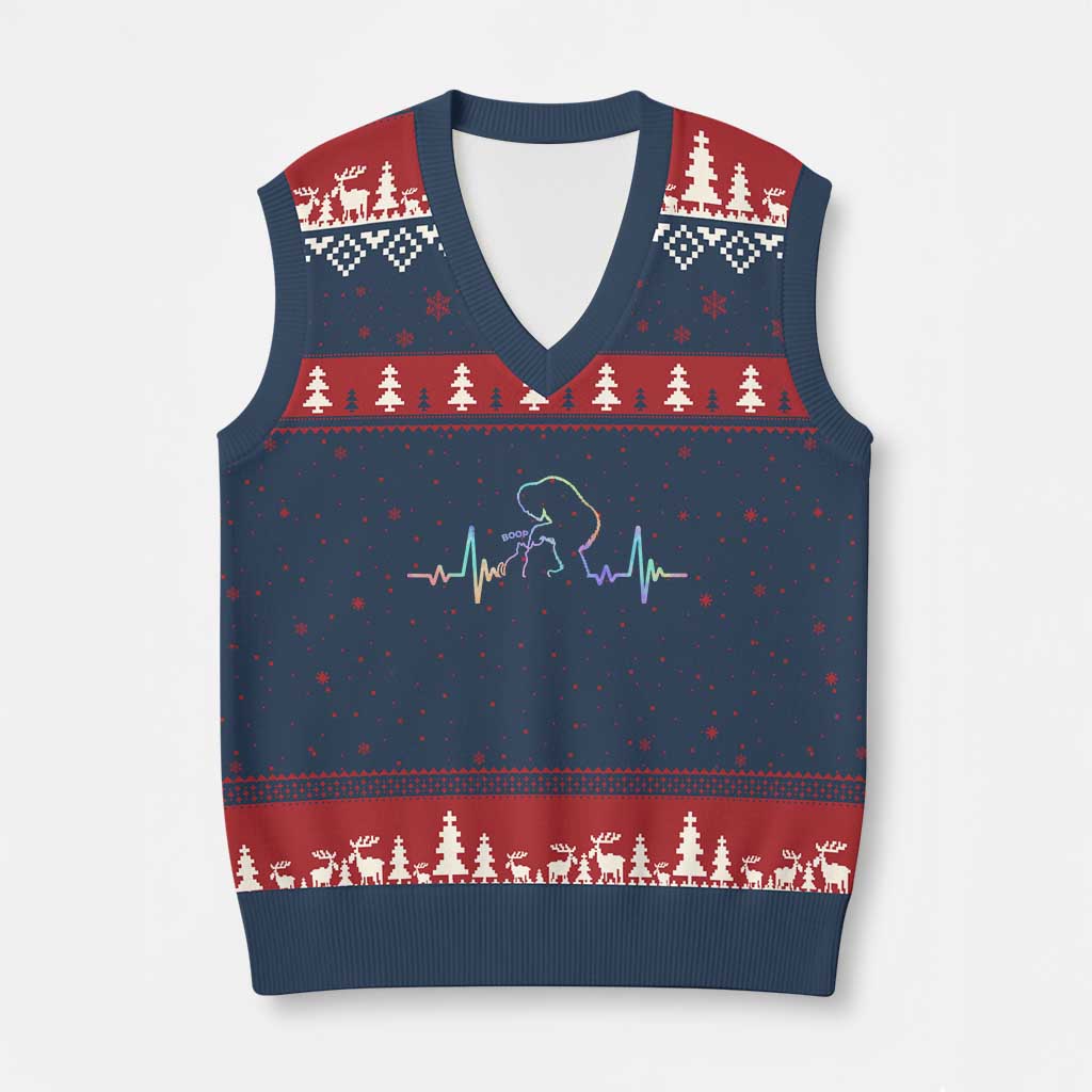 Fun Hand Boop Nose Bigfoot Cat V-Neck Knit Sweater Vest Heartbeat Sasquatch Cat Lover Animal Silhouette TS10 Navy Red Print Your Wear