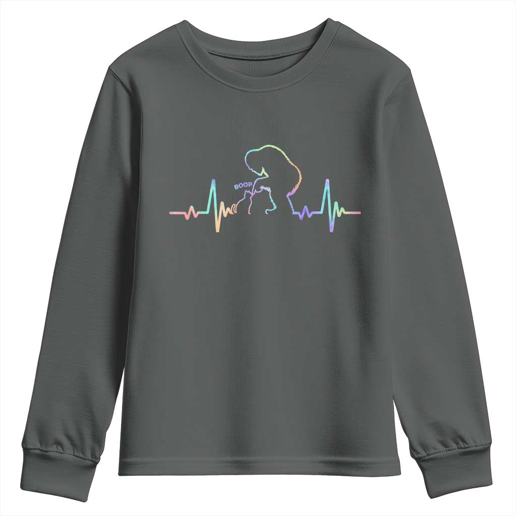 Fun Hand Boop Nose Bigfoot Cat Youth Sweatshirt Heartbeat Sasquatch Cat Lover Animal Silhouette TS10 Dark Heather Print Your Wear