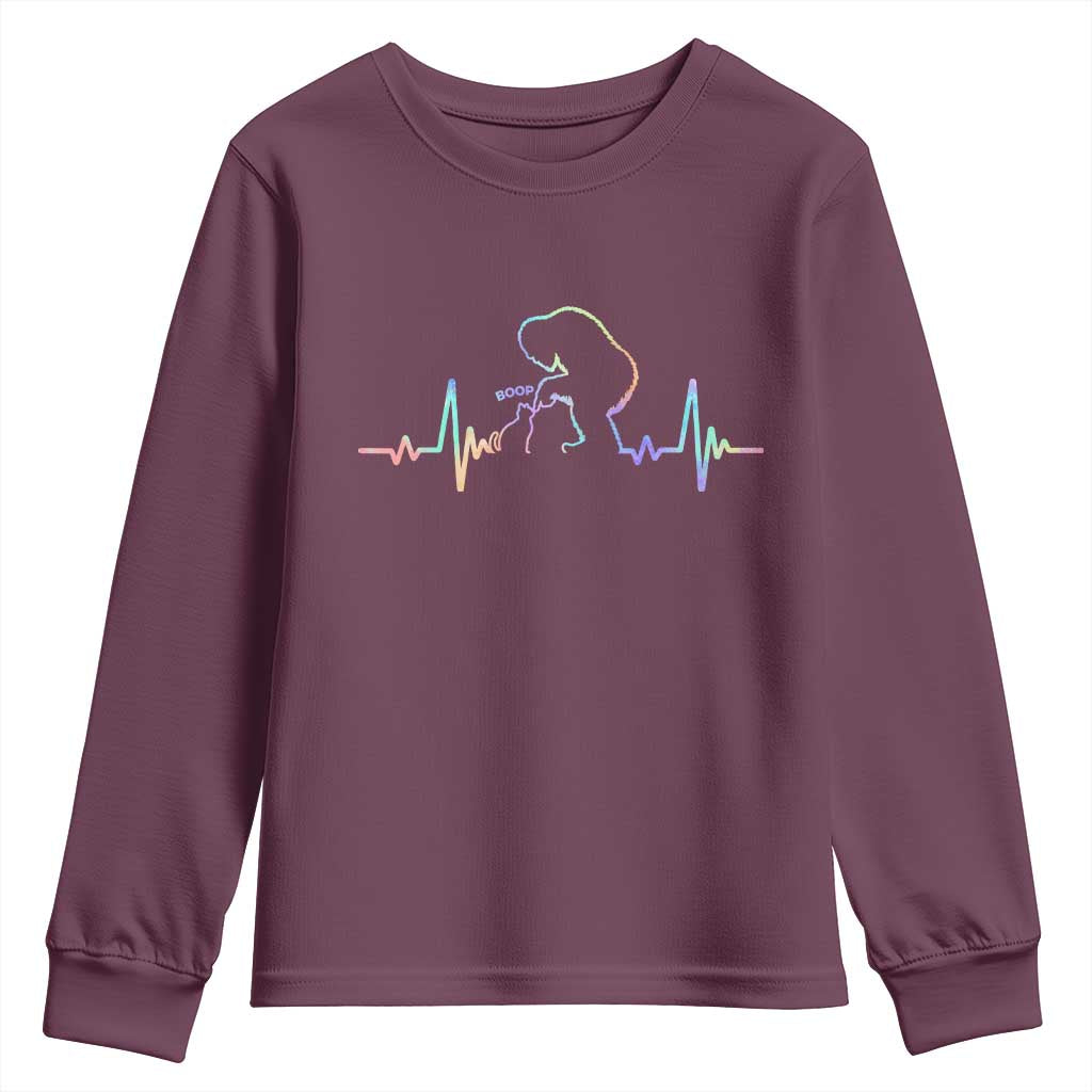 Fun Hand Boop Nose Bigfoot Cat Youth Sweatshirt Heartbeat Sasquatch Cat Lover Animal Silhouette TS10 Maroon Print Your Wear