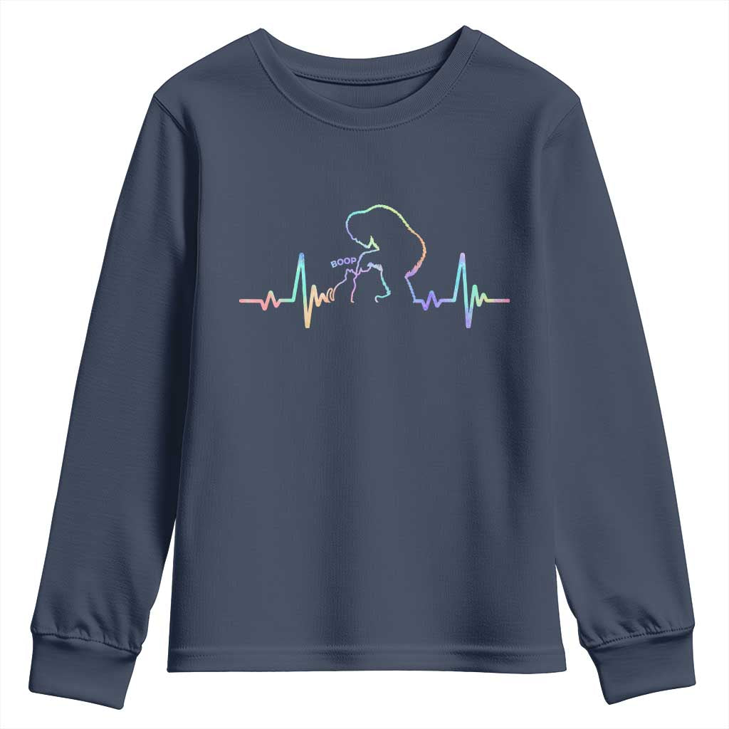 Fun Hand Boop Nose Bigfoot Cat Youth Sweatshirt Heartbeat Sasquatch Cat Lover Animal Silhouette TS10 Navy Print Your Wear