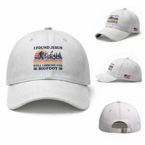 Retro I Found Jesus Still Looking For Bigfoot Baseball Cap Funny Sasquatch Bigfoot Believer Christian Humor TS10 Baseball Cap Universal Fit White Print Your Wear