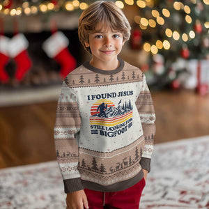 Retro I Found Jesus Still Looking For Bigfoot Ugly Christmas Sweater Funny Sasquatch Bigfoot Believer Christian Humor TS10 Mocha Mousse Print Your Wear