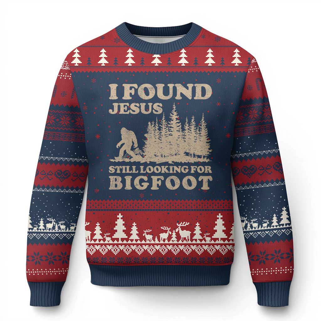 Retro I Found Jesus Still Looking For Bigfoot Ugly Christmas Sweater Vintage Sasquatch Believer Funny Christian Humor TS10 Navy Red Print Your Wear
