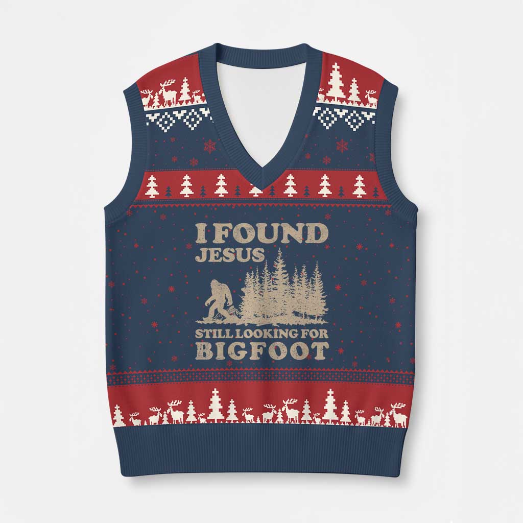 Retro I Found Jesus Still Looking For Bigfoot V-Neck Knit Sweater Vest Vintage Sasquatch Believer Funny Christian Humor TS10 Navy Red Print Your Wear