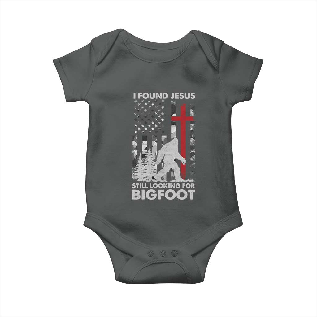 Retro I Found Jesus Still Looking For Bigfoot Baby Onesie Camouflage US American Flag Camo TS10 Dark Heather Print Your Wear