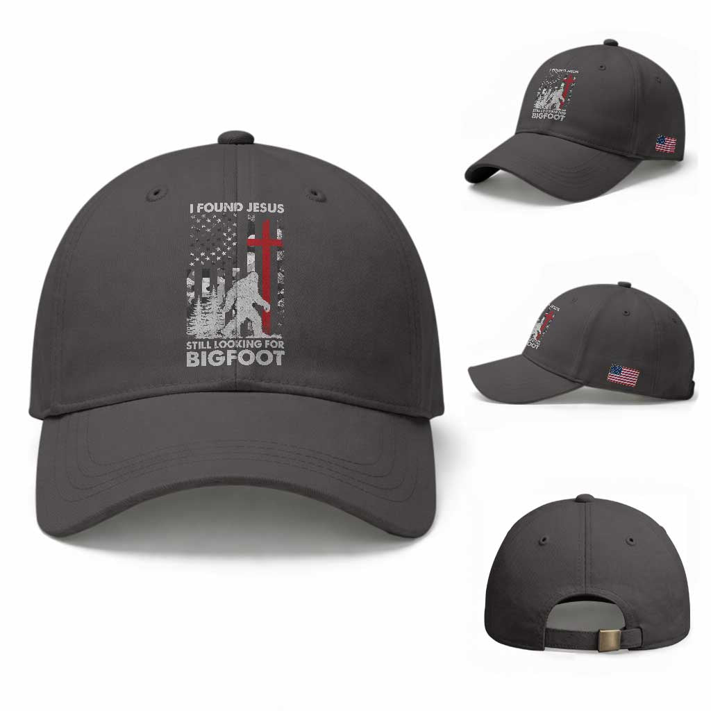Retro I Found Jesus Still Looking For Bigfoot Baseball Cap Camouflage US American Flag Camo TS10 Baseball Cap Universal Fit Dark Gray Print Your Wear