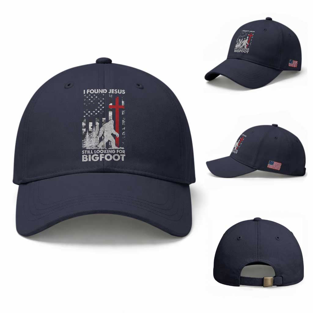 Retro I Found Jesus Still Looking For Bigfoot Baseball Cap Camouflage US American Flag Camo TS10 Baseball Cap Universal Fit Navy Print Your Wear