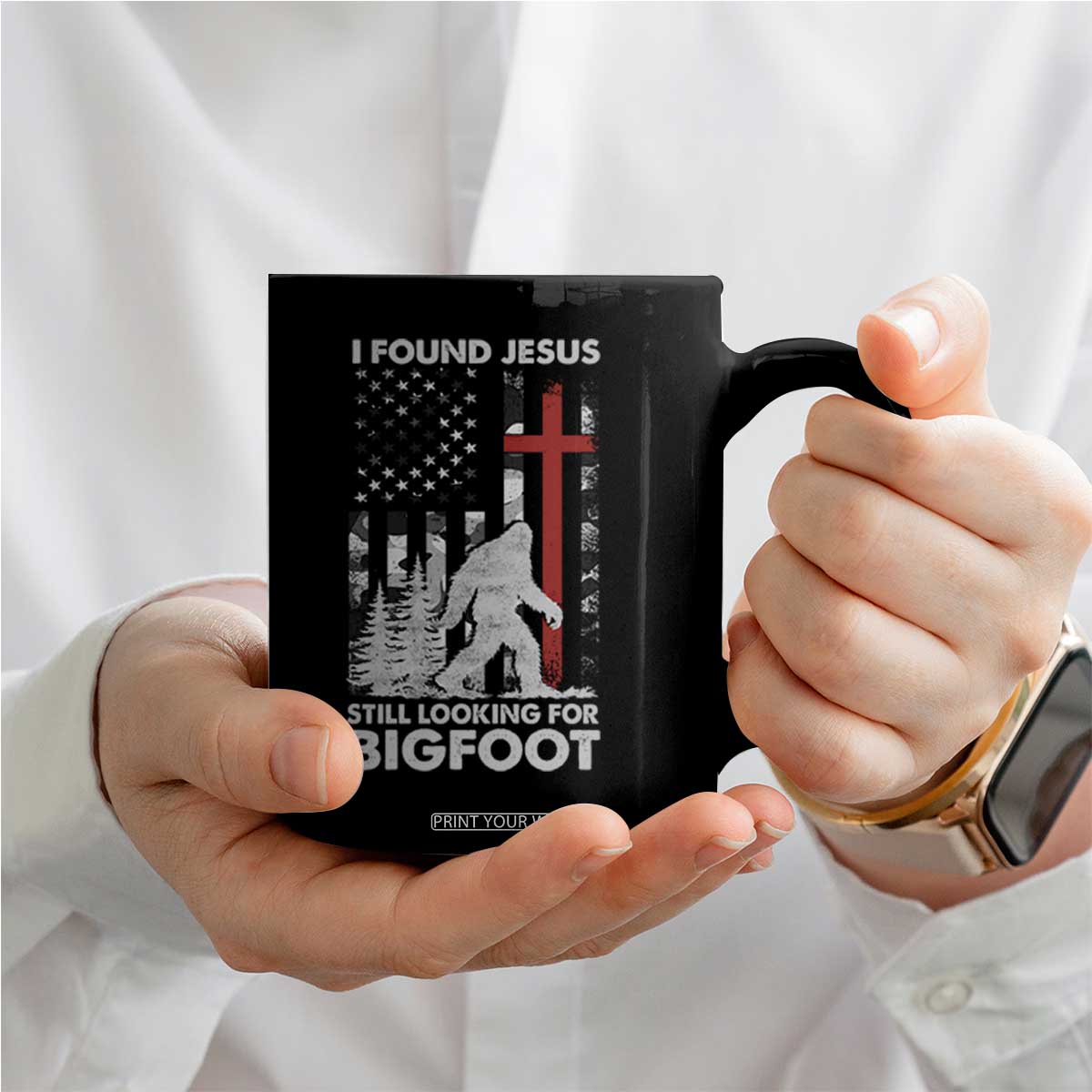 Retro I Found Jesus Still Looking For Bigfoot Coffee Mug Camouflage US American Flag Camo TS10 Print Your Wear