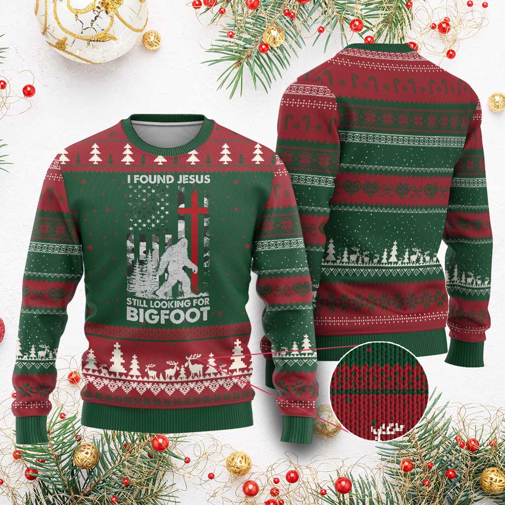 Retro I Found Jesus Still Looking For Bigfoot Ugly Christmas Sweater Camouflage US American Flag Camo TS10 Red Green Print Your Wear