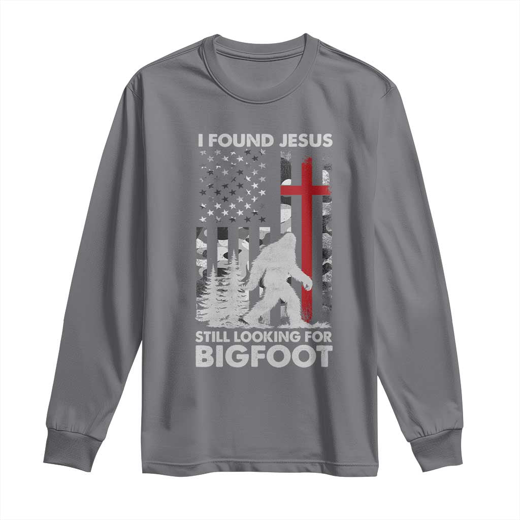 Retro I Found Jesus Still Looking For Bigfoot Long Sleeve Shirt Camouflage US American Flag Camo TS10 Charcoal Print Your Wear