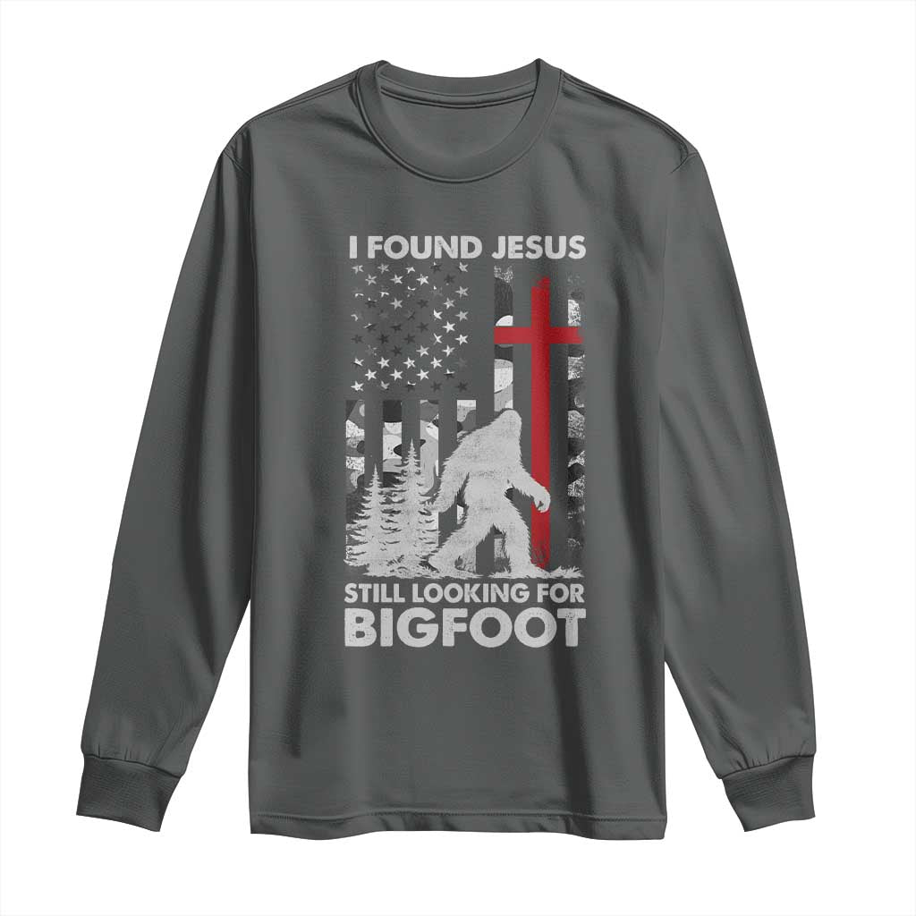 Retro I Found Jesus Still Looking For Bigfoot Long Sleeve Shirt Camouflage US American Flag Camo TS10 Dark Heather Print Your Wear