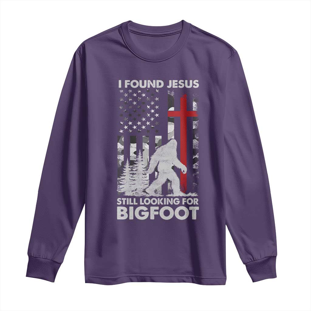 Retro I Found Jesus Still Looking For Bigfoot Long Sleeve Shirt Camouflage US American Flag Camo TS10 Purple Print Your Wear