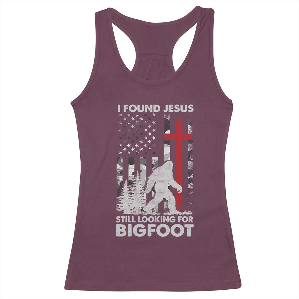 Retro I Found Jesus Still Looking For Bigfoot Racerback Tank Top Camouflage US American Flag Camo TS10 Maroon Print Your Wear