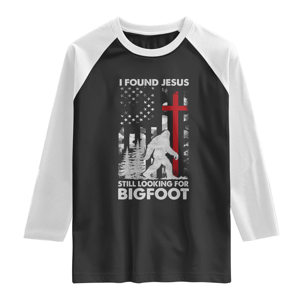 Retro I Found Jesus Still Looking For Bigfoot Raglan Shirt Camouflage US American Flag Camo TS10 Black White Print Your Wear