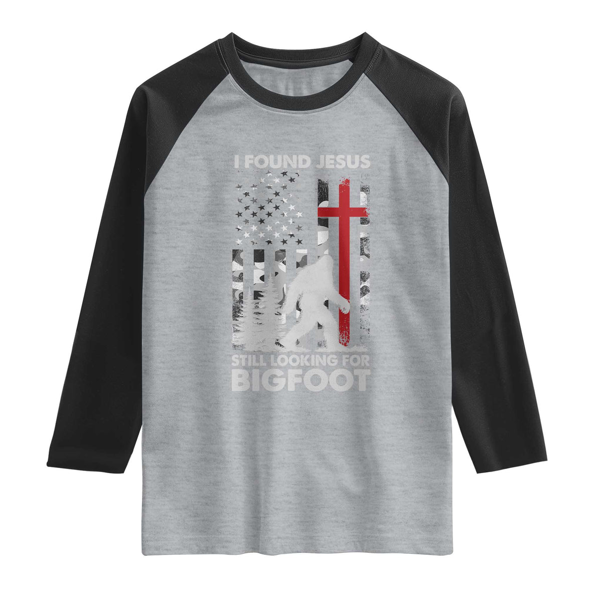 Retro I Found Jesus Still Looking For Bigfoot Raglan Shirt Camouflage US American Flag Camo TS10 Heather Gray Black Print Your Wear