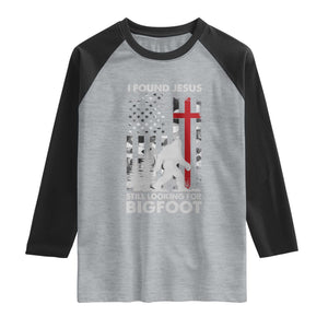 Retro I Found Jesus Still Looking For Bigfoot Raglan Shirt Camouflage US American Flag Camo TS10 Heather Gray Black Print Your Wear