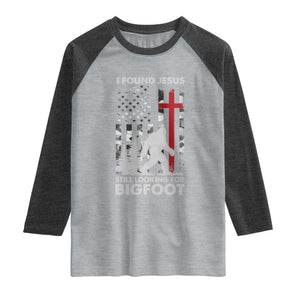 Retro I Found Jesus Still Looking For Bigfoot Raglan Shirt Camouflage US American Flag Camo TS10 Heather Gray Heather Charcoal Print Your Wear