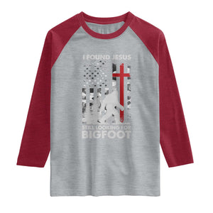 Retro I Found Jesus Still Looking For Bigfoot Raglan Shirt Camouflage US American Flag Camo TS10 Heather Gray Heather Red Print Your Wear