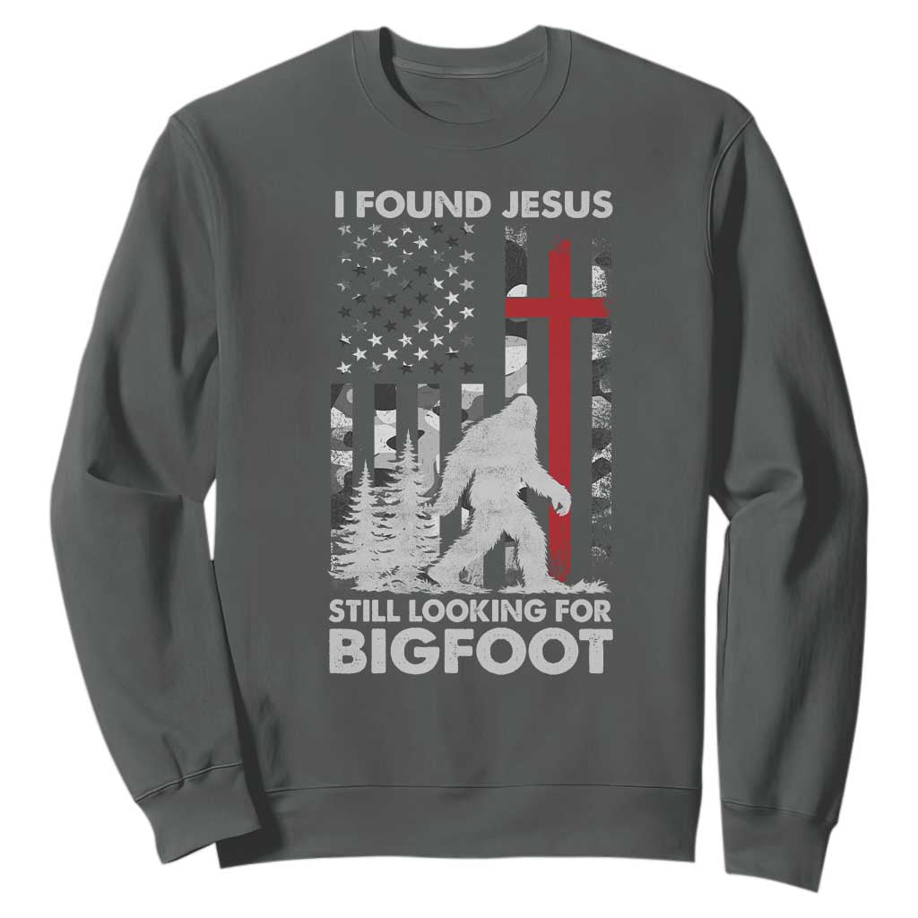 Retro I Found Jesus Still Looking For Bigfoot Sweatshirt Camouflage US American Flag Camo TS10 Dark Heather Print Your Wear