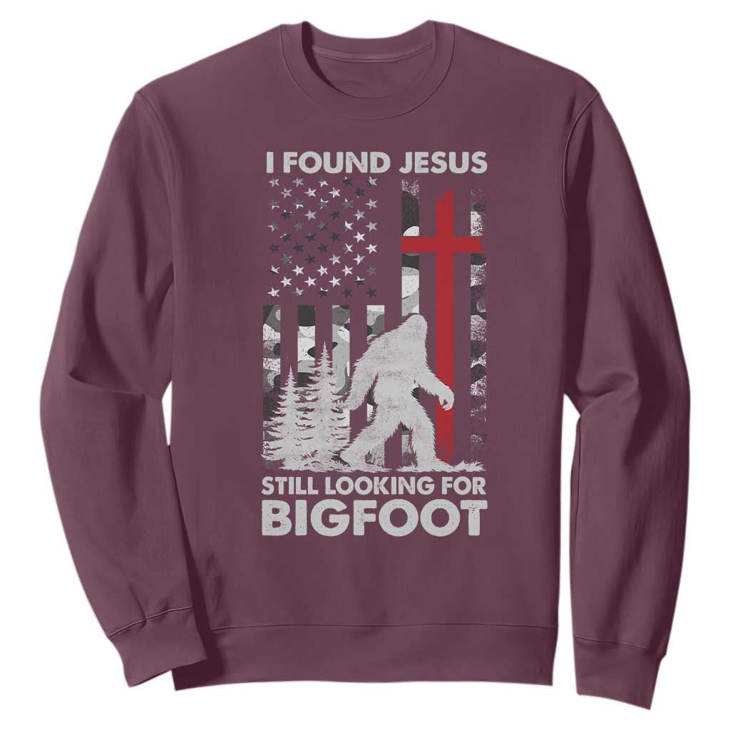 Retro I Found Jesus Still Looking For Bigfoot Sweatshirt Camouflage US American Flag Camo TS10 Maroon Print Your Wear