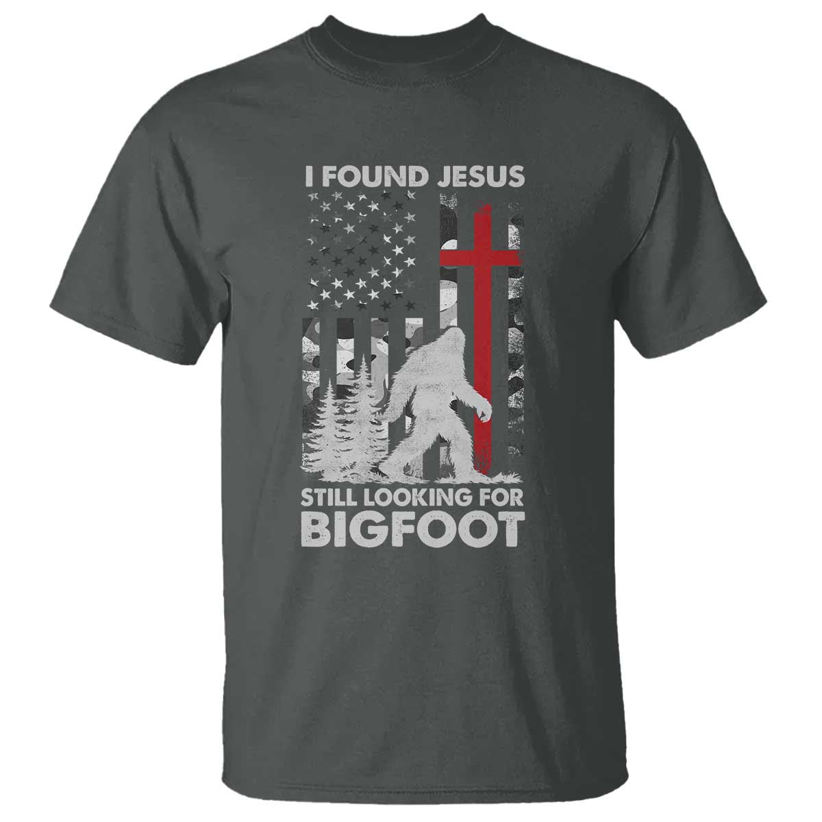 Retro I Found Jesus Still Looking For Bigfoot T Shirt Camouflage US American Flag Camo TS10 Dark Heather Print Your Wear