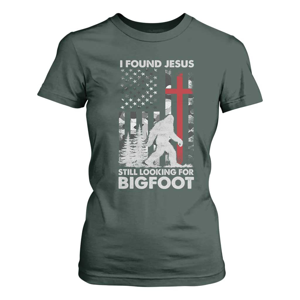 Retro I Found Jesus Still Looking For Bigfoot T Shirt For Women Camouflage US American Flag Camo TS10 Dark Forest Green Print Your Wear