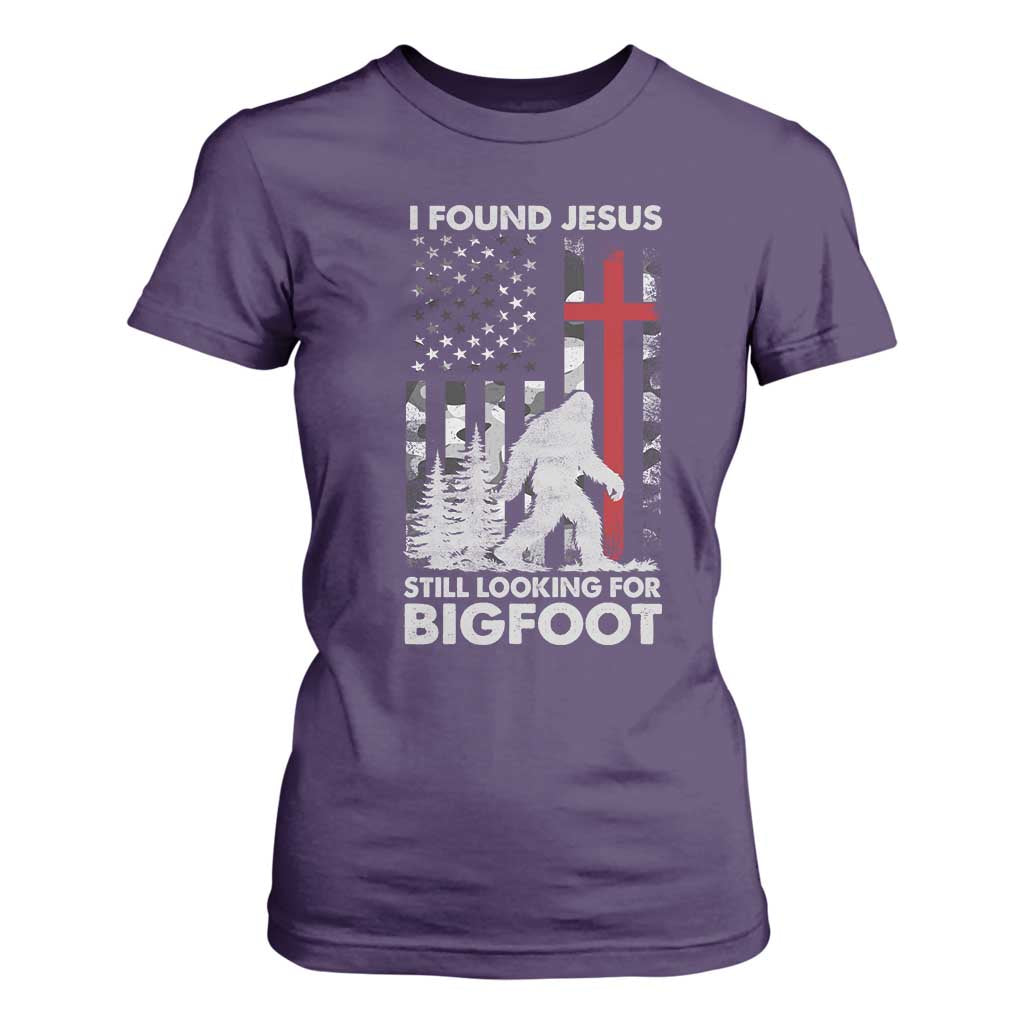 Retro I Found Jesus Still Looking For Bigfoot T Shirt For Women Camouflage US American Flag Camo TS10 Purple Print Your Wear