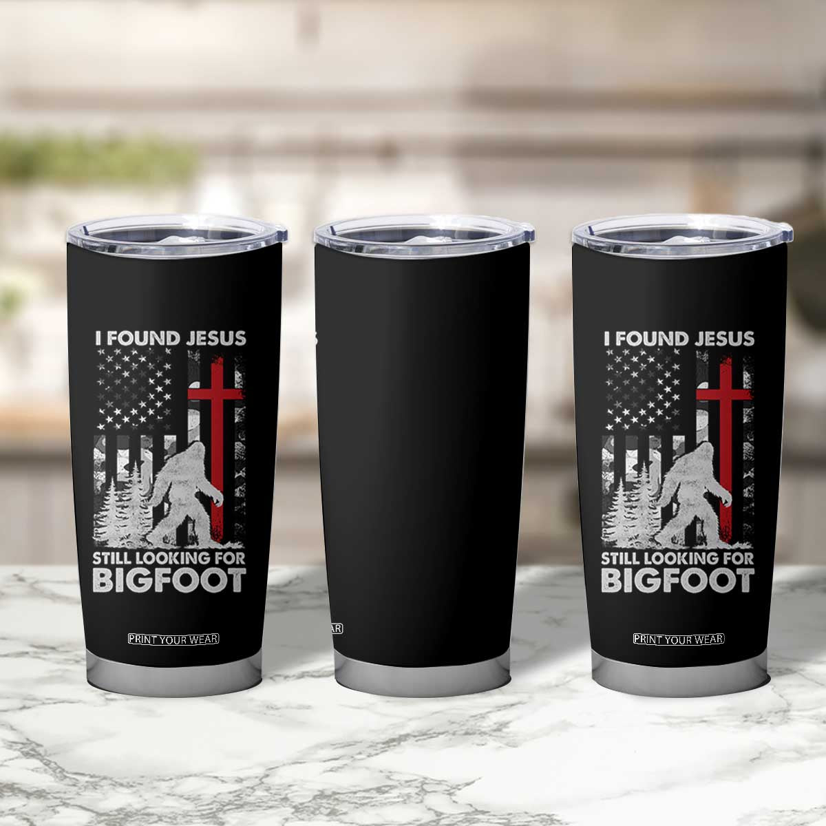 Retro I Found Jesus Still Looking For Bigfoot Tumbler Cup Camouflage US American Flag Camo TS10 Print Your Wear