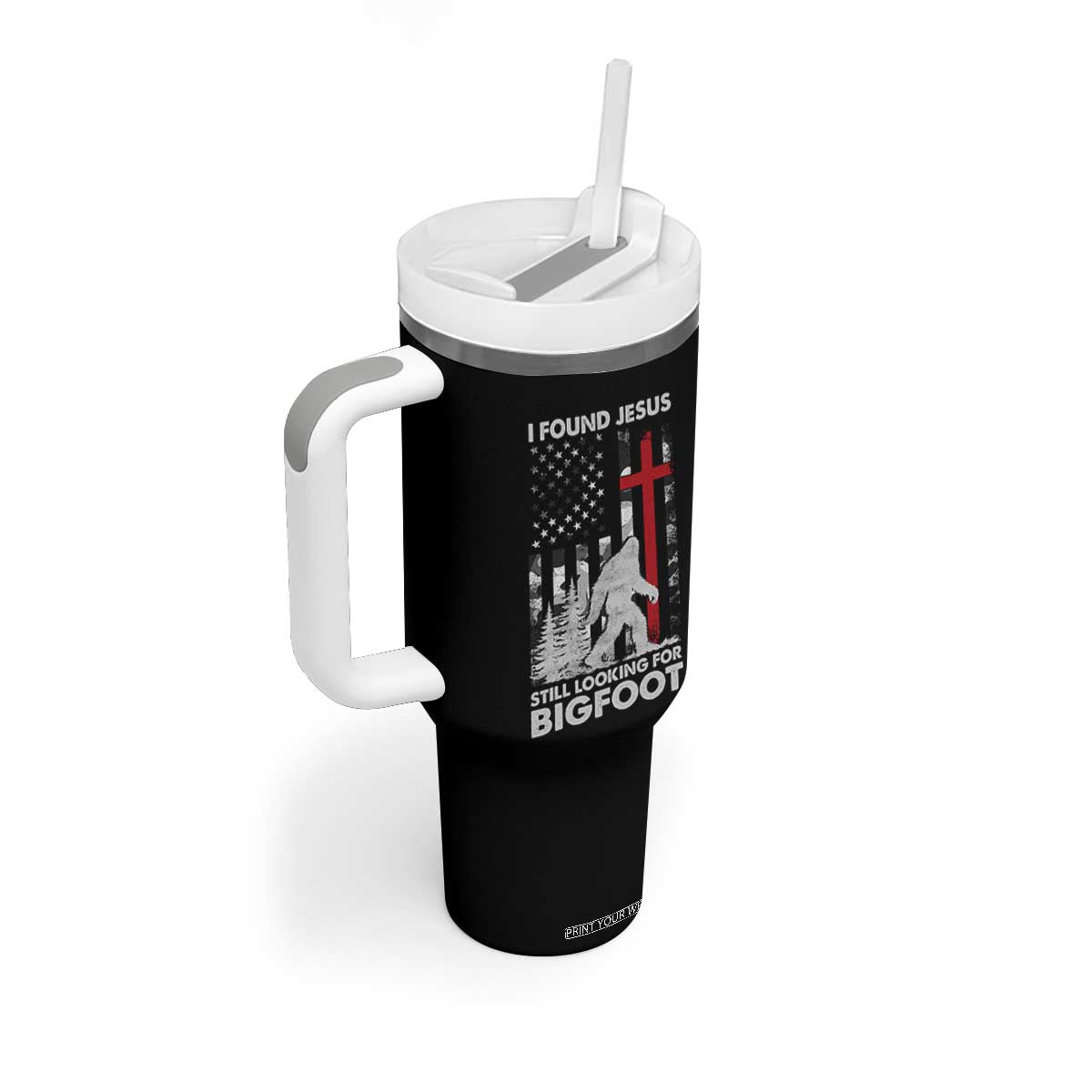 Retro I Found Jesus Still Looking For Bigfoot Tumbler With Handle Camouflage US American Flag Camo TS10 Print Your Wear