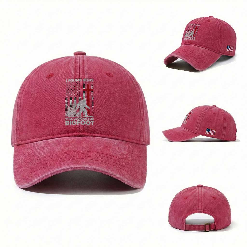 Retro I Found Jesus Still Looking For Bigfoot Washed Cotton Baseball Cap Camouflage US American Flag Camo TS10 Washed Cap Universal Fit Red Print Your Wear