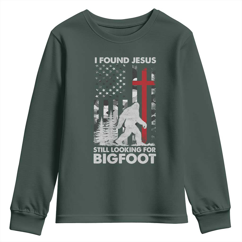 Retro I Found Jesus Still Looking For Bigfoot Youth Sweatshirt Camouflage US American Flag Camo TS10 Dark Forest Green Print Your Wear