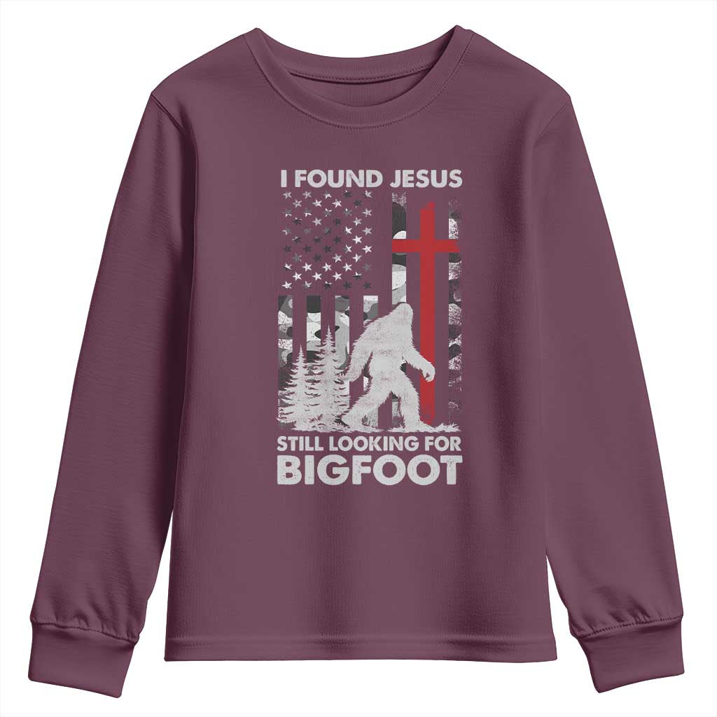 Retro I Found Jesus Still Looking For Bigfoot Youth Sweatshirt Camouflage US American Flag Camo TS10 Maroon Print Your Wear
