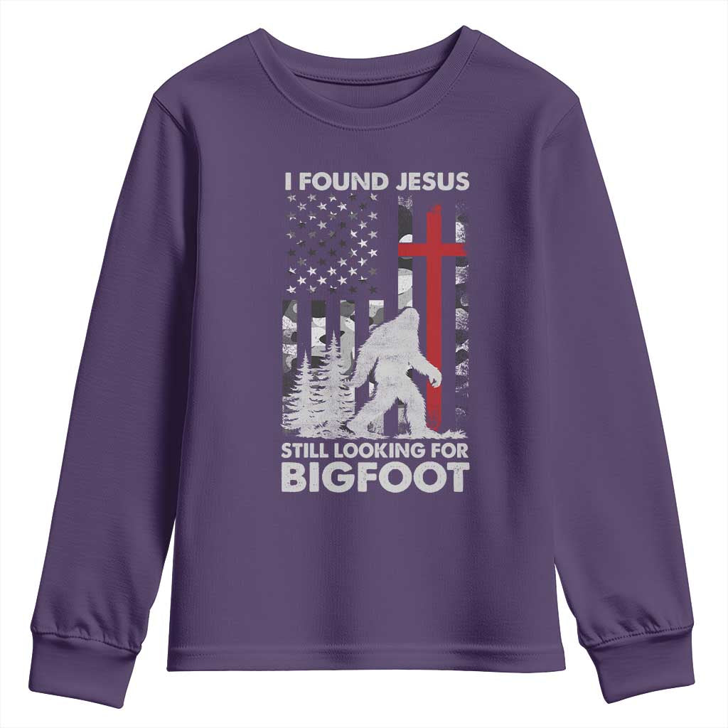 Retro I Found Jesus Still Looking For Bigfoot Youth Sweatshirt Camouflage US American Flag Camo TS10 Purple Print Your Wear