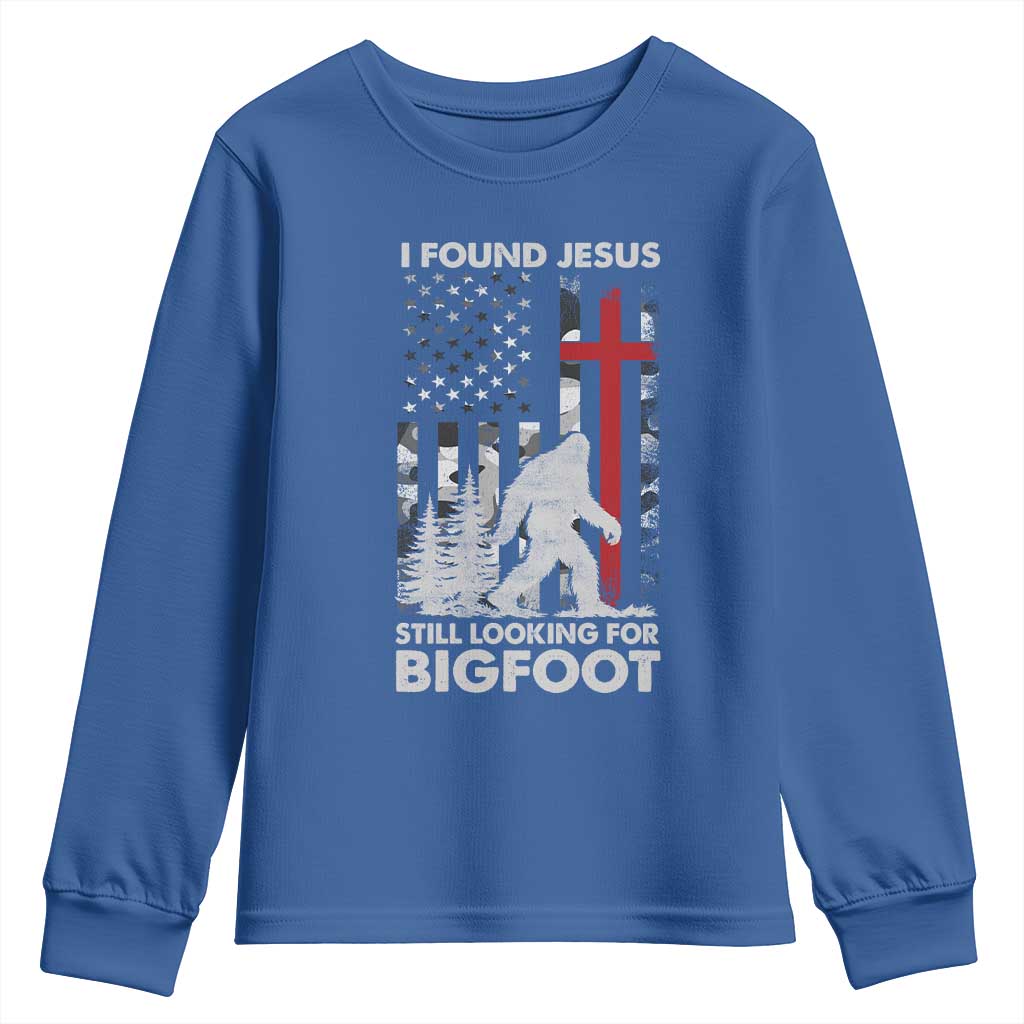 Retro I Found Jesus Still Looking For Bigfoot Youth Sweatshirt Camouflage US American Flag Camo TS10 Royal Blue Print Your Wear