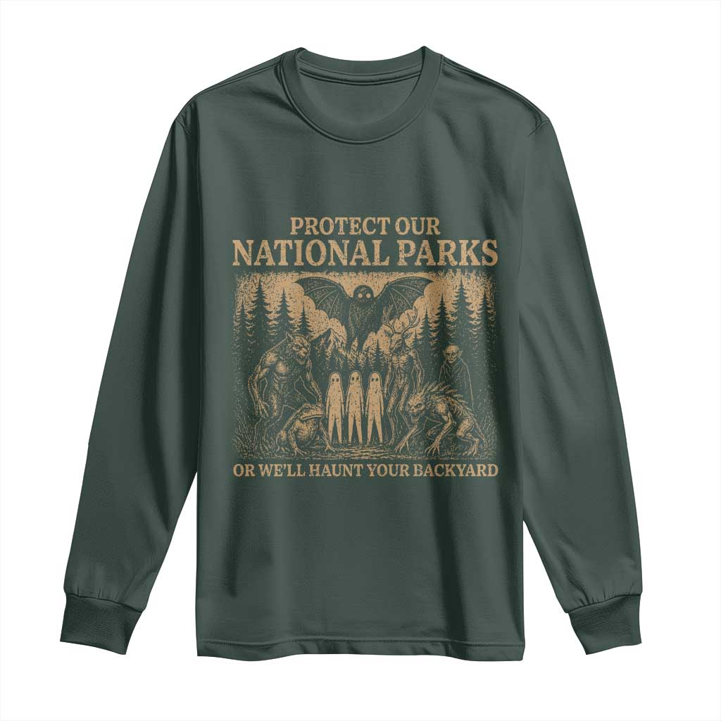 Funny Mothman Protect Our National Parks Long Sleeve Shirt Ghost Wendigo Skull Cryptid Weirdcore Folk Horror TS10 Dark Forest Green Print Your Wear