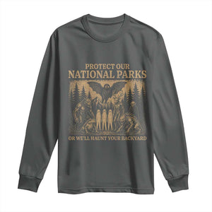 Funny Mothman Protect Our National Parks Long Sleeve Shirt Ghost Wendigo Skull Cryptid Weirdcore Folk Horror TS10 Dark Heather Print Your Wear