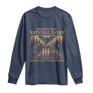 Funny Mothman Protect Our National Parks Long Sleeve Shirt Ghost Wendigo Skull Cryptid Weirdcore Folk Horror TS10 Navy Print Your Wear