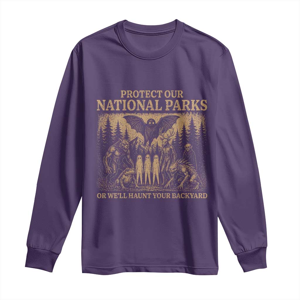 Funny Mothman Protect Our National Parks Long Sleeve Shirt Ghost Wendigo Skull Cryptid Weirdcore Folk Horror TS10 Purple Print Your Wear